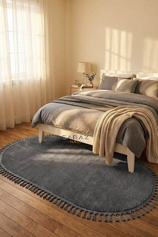 Puffy Antrasit Oval Örgü Saçaklı Peluş Yumuşacık Yıkanabilir Kaymaz Taban Halı Salon Oturma Odası