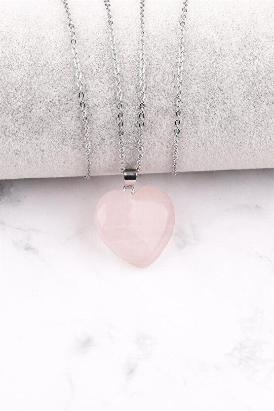 Pembe Kuvars Doğal Taş Kalp Kolye