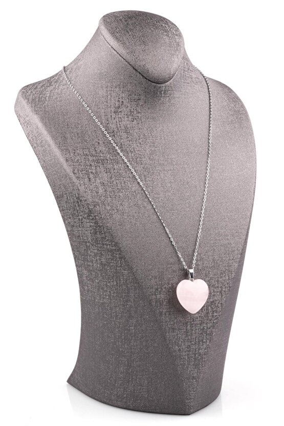 Pembe Kuvars Doğal Taş Kalp Kolye