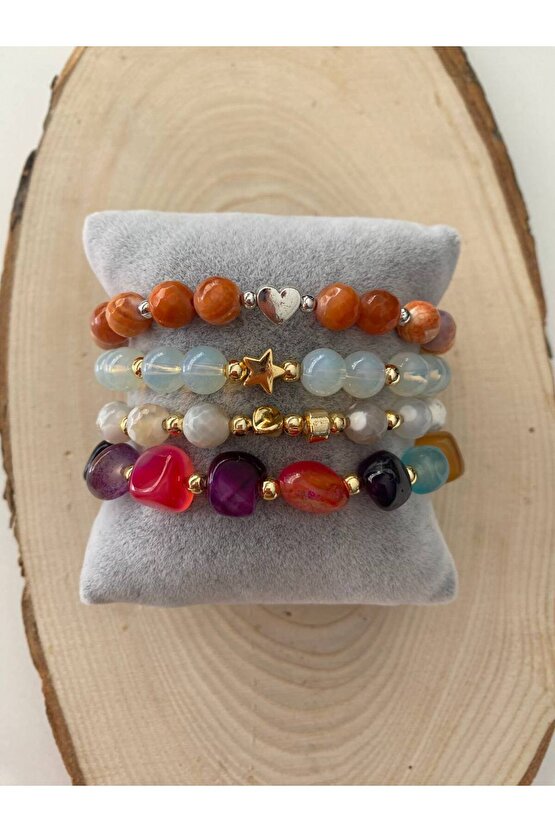 Ay Taşı-Faset Akik-Akik Taşlarından 4 lü Doğal Taş Bileklik