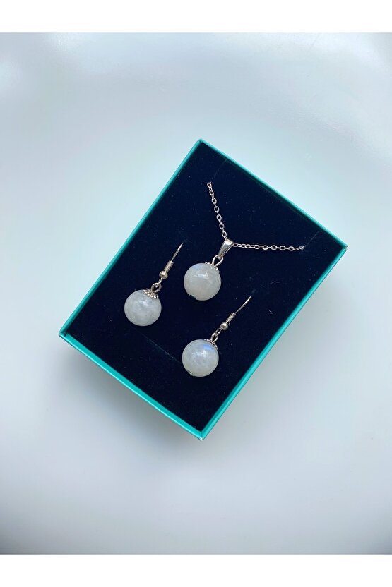 Ay Taşı Doğal Taş Kolye Ve Küpe Set
