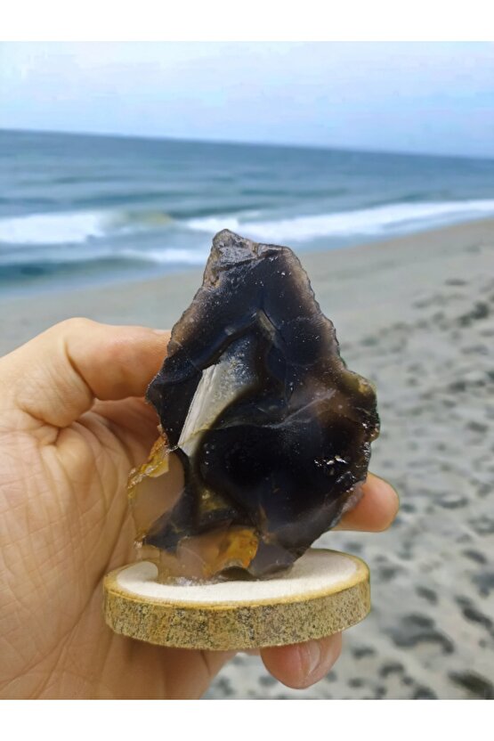 SİYAH ALACALI AKİK, DOĞAL TA,Ş DEKORASYON STANDLI PARÇA(SERTİFİKALI)