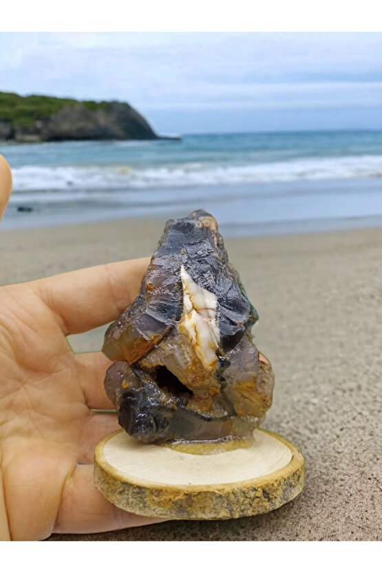 SİYAH ALACALI AKİK, DOĞAL TA,Ş DEKORASYON STANDLI PARÇA(SERTİFİKALI)