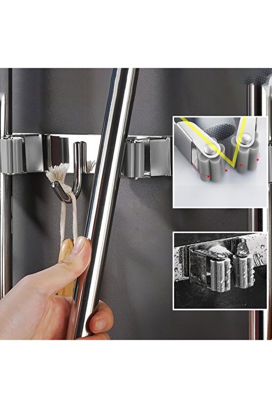 Dört Kancalı Askılık Üç Klıpslı Paspas Süpürge Tutucu