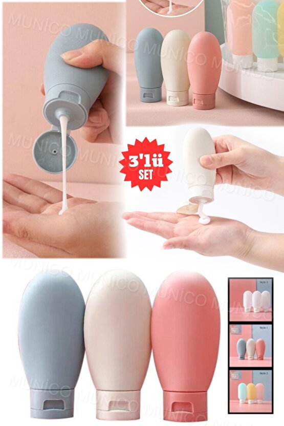 Sızdırmaz Krem ve Şampuan Kapları Seyahat İçin 3 Adet 60 ML Şişe Seti Tatil İçin İdeal Boy Şişeler