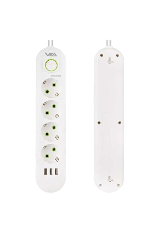 VA-21560 4Lü 3 USBli 1.5 Metre Akım Korumalı Priz Beyaz