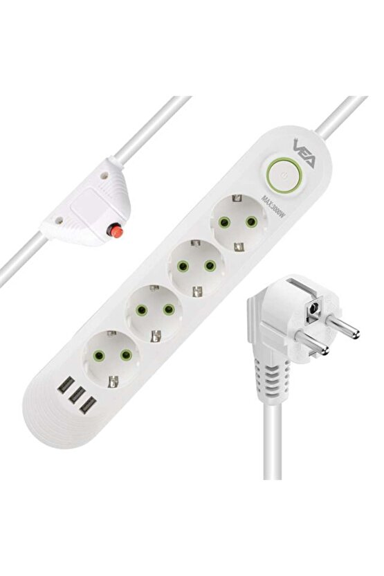 VA-21560 4Lü 3 USBli 1.5 Metre Akım Korumalı Priz Beyaz