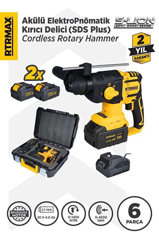 Rts5040 Şarjlı Sds Plus Kırıcı Ve Delici Kömürsüz 1.8jul 26mm 2x4 Ah 20v Çift Akü S-lion - Akü Dahil