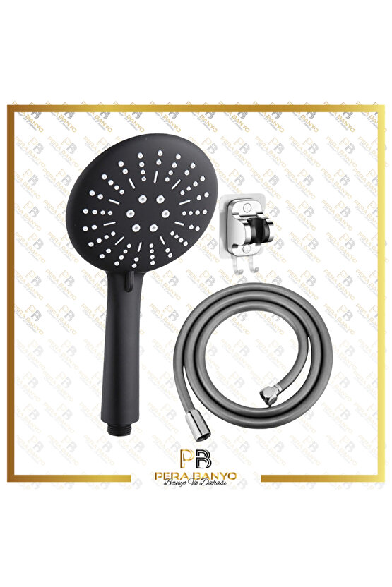 Panter 5 Fonksiyonlu Siyah Duş Başlığı + Pvc Duş Hortumu + Vakumlu Mafsal Duş Takımı