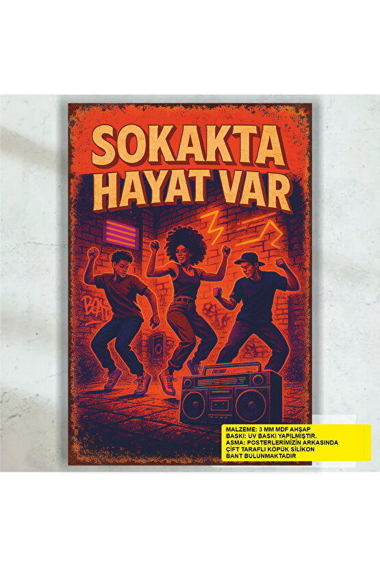sokakta hayat var dans müzik eğlence retro ahşap poster tablo