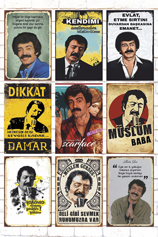 9 Parça Karışık Ahşap Tablo Seti müslüm gürses damar baba arabesk müzik retro ahşap poster seti
