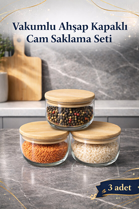 3lü Ahşap kapaklı cam baharatlık takımı 300 ml Vakum kapaklı (Etiket Hediyeli)