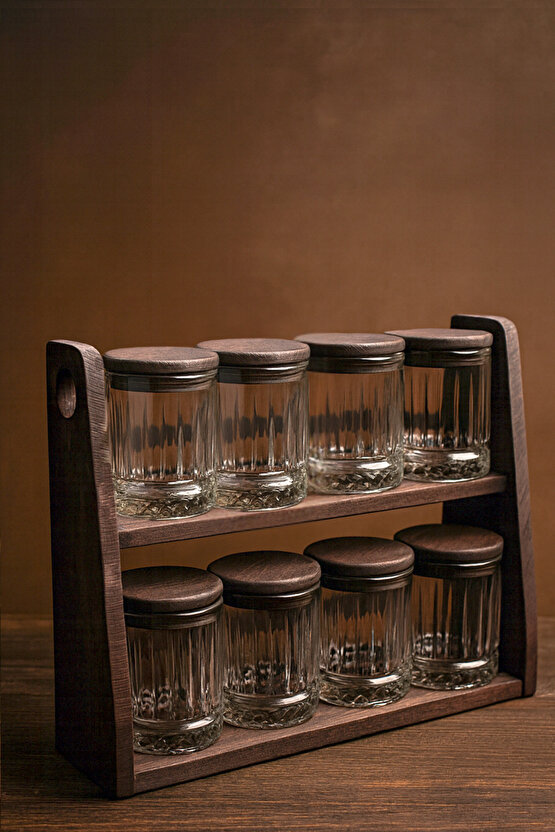 Laura Lotus- Standlı 8li Vakumlu Ahşap Kapaklı Cam Baharatlık Takımı Saklama Kabı Seti 210 ml