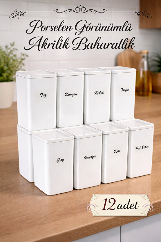 12li 500 ml Vakumlu  Porselen Görünümlü Akrilik Baharatlık - Saklama Kabı Etiket Hediyeli