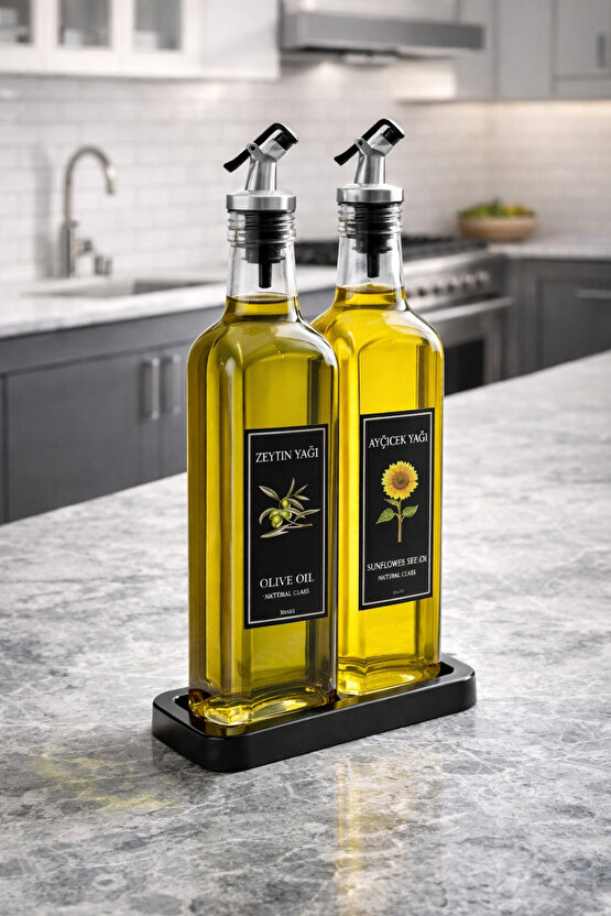 Siyah Stantlı Lux Kare Cam Yağdanlık 2li 500 ml