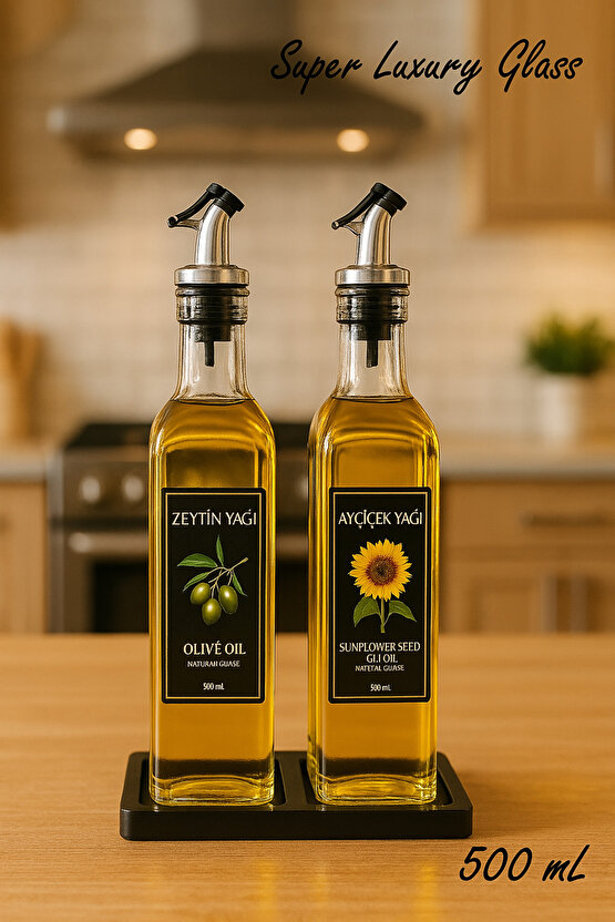 Siyah Stantlı Lux Kare Cam Yağdanlık 2li 500 ml