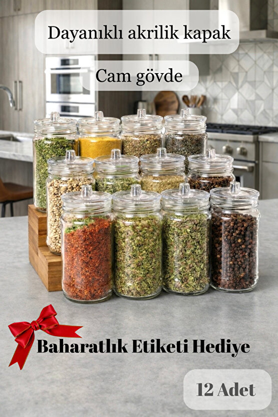 Etiketli 12 Adet Kapağı Kulplu Ve Vakumlu Baharat Takımı