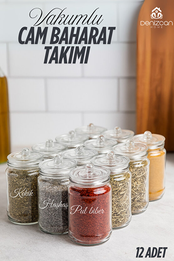 Etiketli 12 Adet Kapağı Kulplu Ve Vakumlu Baharat Takımı