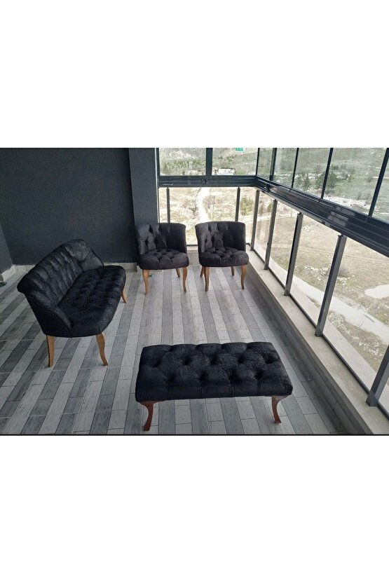 Çay Seti Balkon Takımı Siyah Berjer Koltuk Puf
