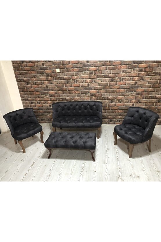 Antrasit Gri Çay Seti Berjer Koltuk Takımı 2+1+1 Koltuk Ve Bench Bank