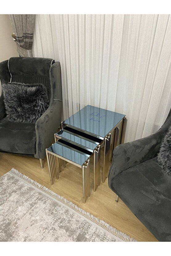 Piyano Kare Sehpa 3lü Gümüş