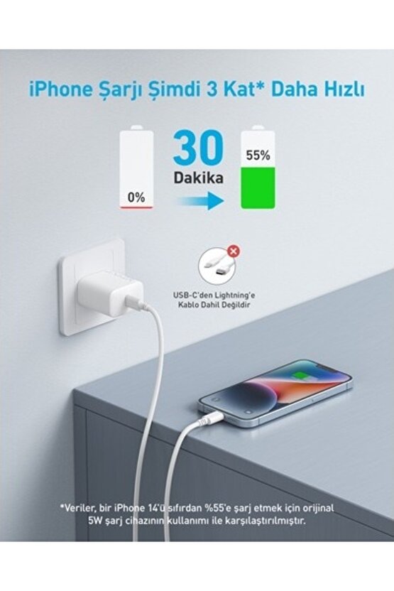 20W USB-C Şarj Cihazı - iPhone & Android ile Uyumlu Type-C Hızlı Şarj Adaptörü-  A2347 - Beyaz