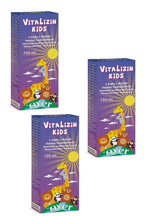 Vitalizin Kids, Lizin Arjinin Inositol Fosfotidilserin 11 Vitamin Ve 5 Mineral. 150 ml Şurup 3 Kutu