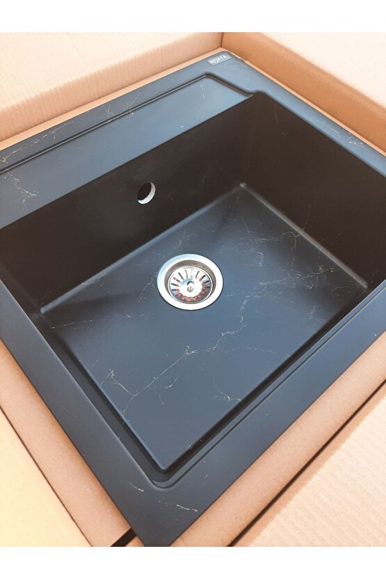 Elegance Granit Evye Siyah Zemin Kahve Damarlı Tek Gözlü Mutfak Eviyesi 55 X 50 Cm