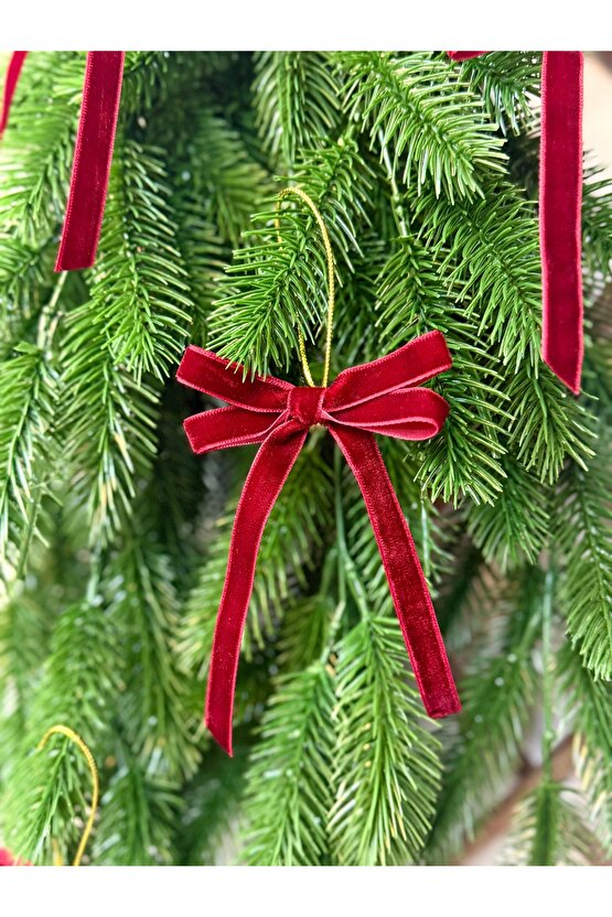 5 Adet Yeniyıl Yılbaşı Ağaç Süsü Hediye Paketi Altın İpli Bordo Kadife El Yapımı İkili Fiyonk