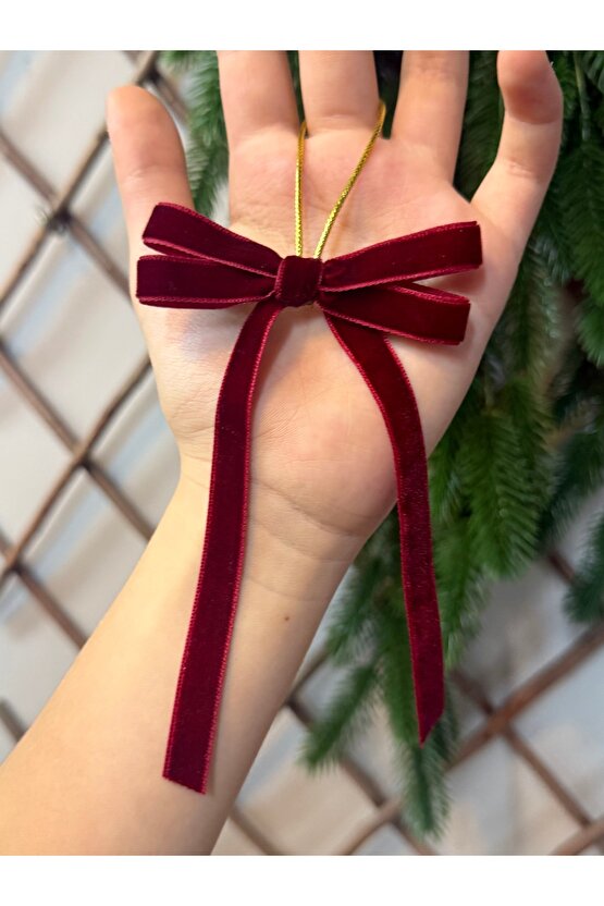 5 Adet Yeniyıl Yılbaşı Ağaç Süsü Hediye Paketi Altın İpli Bordo Kadife El Yapımı İkili Fiyonk