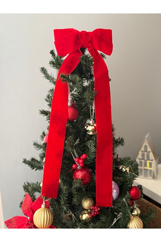 Büyük Kırmızı Kadife Fiyonk Kurdele Ağaç Süsü Yeni yıl,Yılbaşı,Dekor