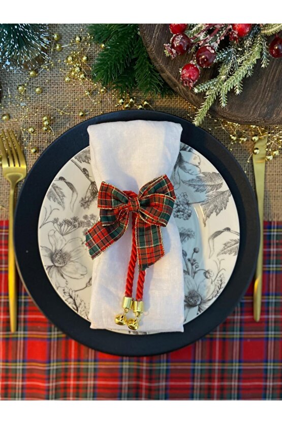 6lı Set Ekose Fiyonklu Yılbaşı Noel Temalı Peçete Halkası