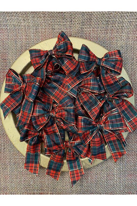 10lu Ekose Desenli Kenarları Altın Detaylı Fiyonk Yılbaşı Christmas