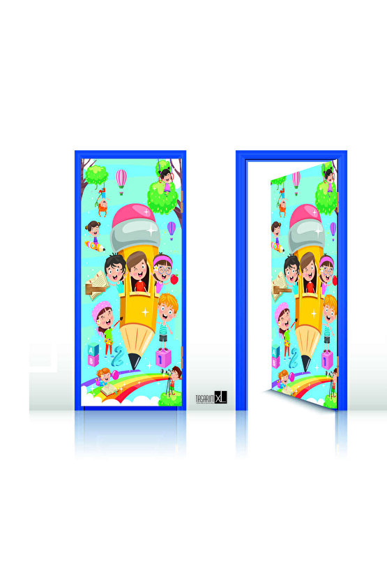 Okul Sınıf Kapısı Giydirme Folyo Kalemli Çocuk Görsel Anasıfı Kapı Yüzey