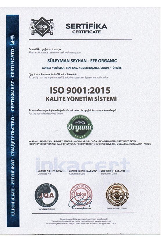 Efe Organic Ultra Natural Sızma Zeytinyağı 20 Lt Teneke