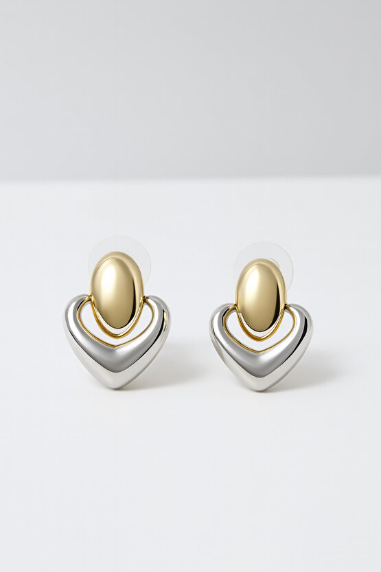 Çift Renk Oval Kalp Tasarım Küpe