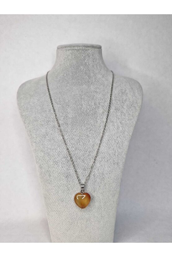 Doğal Akik Taşı Kalpli Çelik Kolye