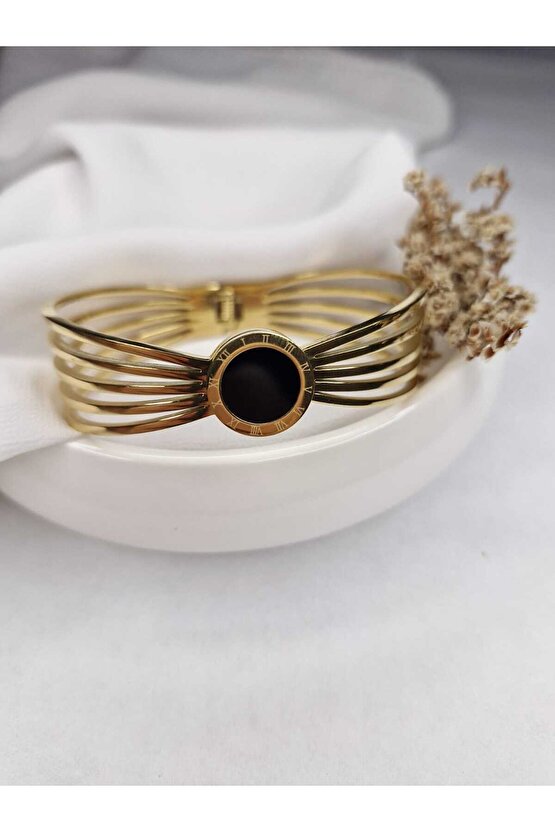 Altın Renk Romen Rakam Figürlü Çelik Kelepçe Bileklik