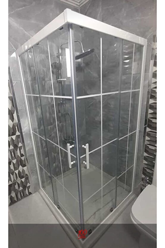 Beyaz Çerçeveli Beyaz Çizgili Lüks Cam Duşakabin 80*80 H:180