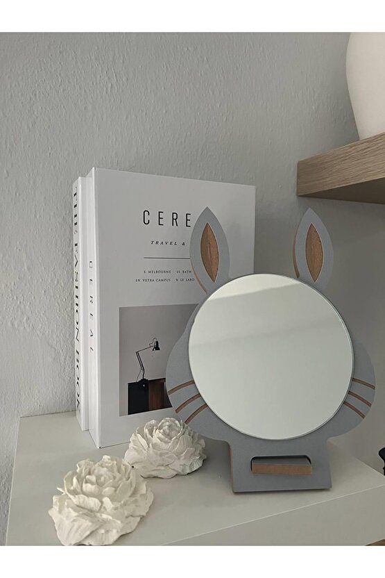 Masaüstü Gri Renk Hediyelik Dekoratif Makyaj Aynasi,tavşan Kulaklı,sevimli Ayna, Çocuk Ve Genç Ayna,