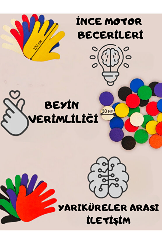 Akıllı Eller, 4 Adet Ahşap El ve 40 Adet Ahşap Çip, Montessori Oyuncak, Eğitici Ahşap Oyuncak,