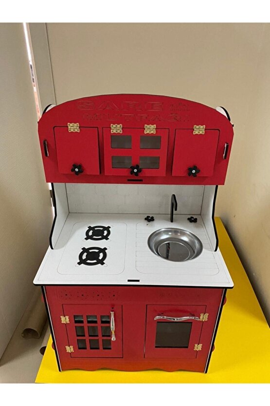 Montessori Eğitici Ahşap Oyuncak Mutfak 6mm 80x55 Kırmızı-beyaz
