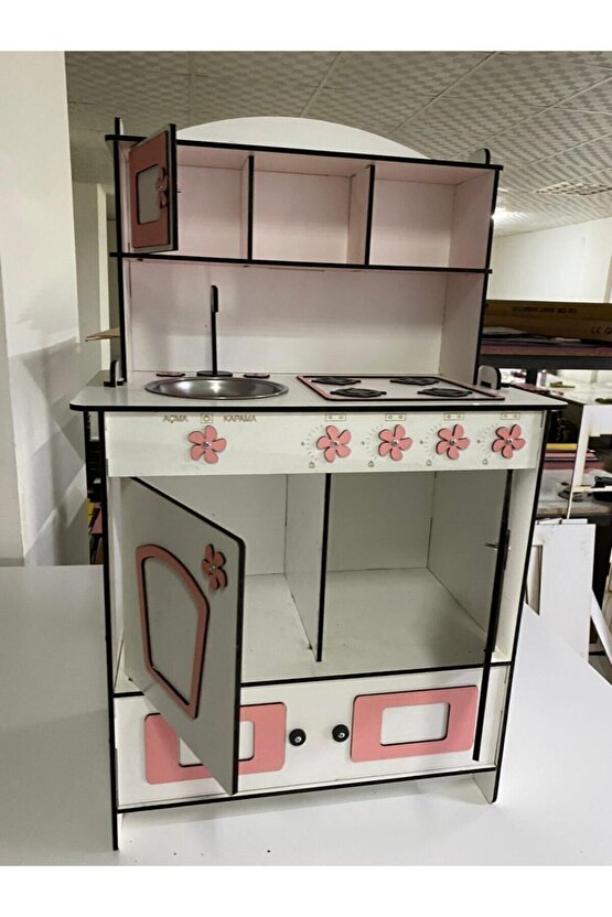 Dekoratif Doğal Ahşap Eğitici Kız Çocuk Mutfak Dolabı Seti Pembe-beyaz 91x59