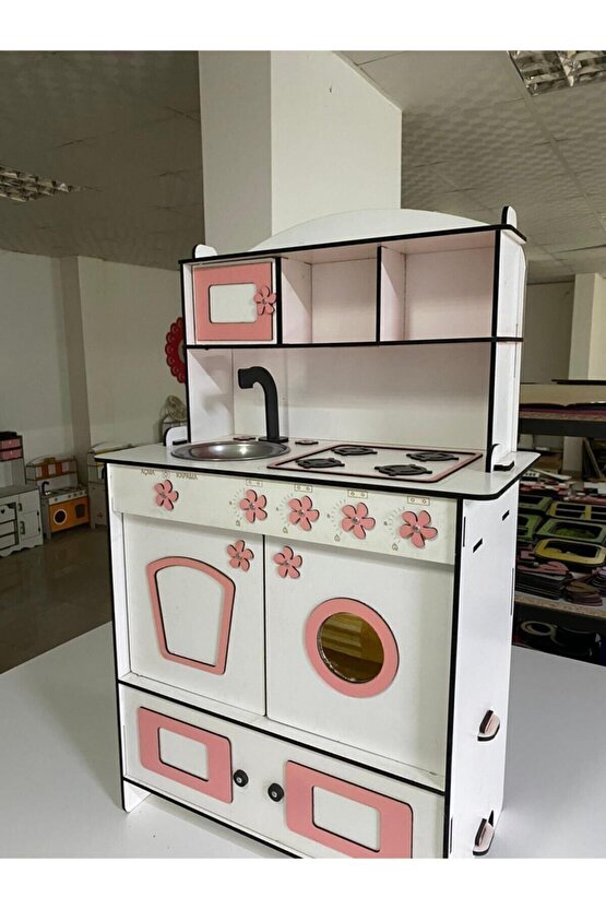 Dekoratif Doğal Ahşap Eğitici Kız Çocuk Mutfak Dolabı Seti Pembe-beyaz 91x59