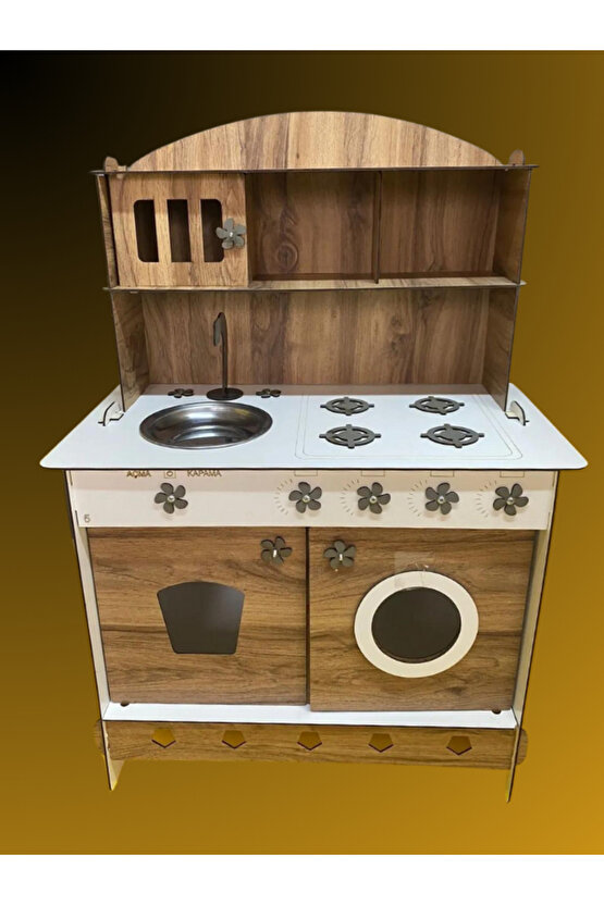Montessori Eğitici Ahşap Çocuk Oyuncak Mutfak Dolabı Ceviz 3 Mm 84x60 Cm