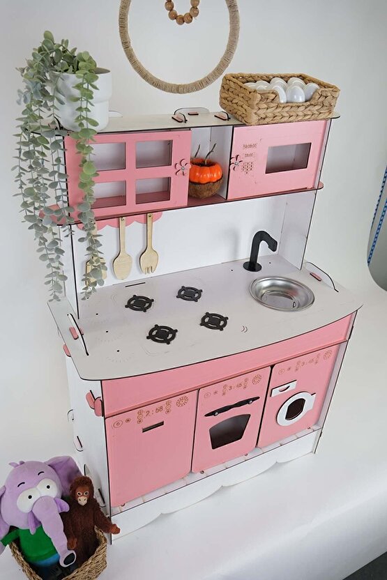 3 Kapaklı Boyalı Montessori Eğitici Ahşap Oyuncak Mutfak