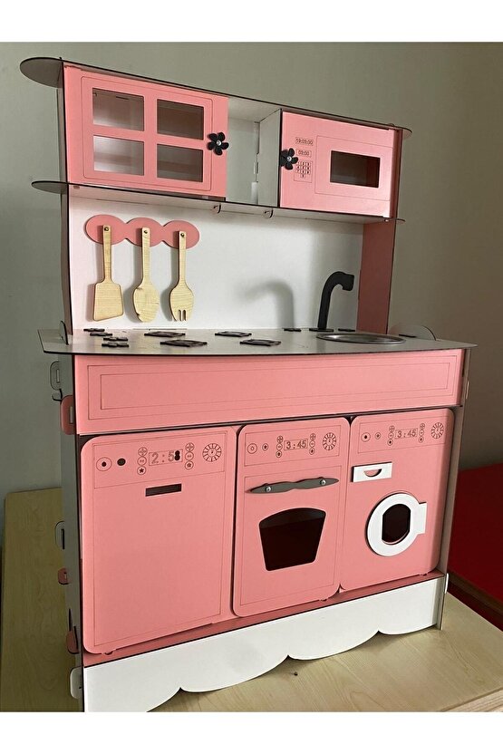 3 Kapaklı Boyalı Montessori Eğitici Ahşap Oyuncak Mutfak