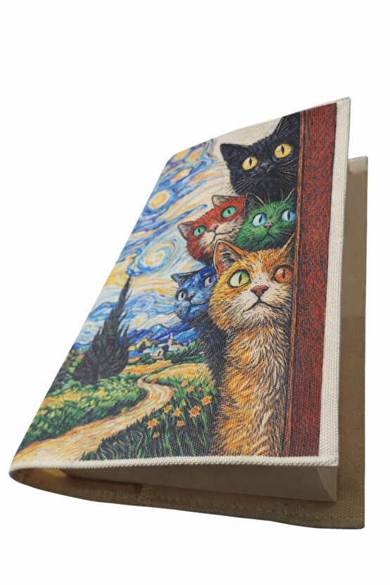 Kedi Desenli Bez Kitap Kılıfı – Sanatsal Baskılı Kumaş Kitap Kabı, Kitap Koruyucu Kılıf 6