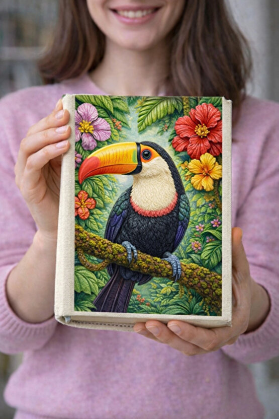 Tukan Kuşu Desenli Bez Kitap Kılıfı – Sanatsal Baskılı Kumaş Kitap Kabı, Kitap Koruyucu Kılıf