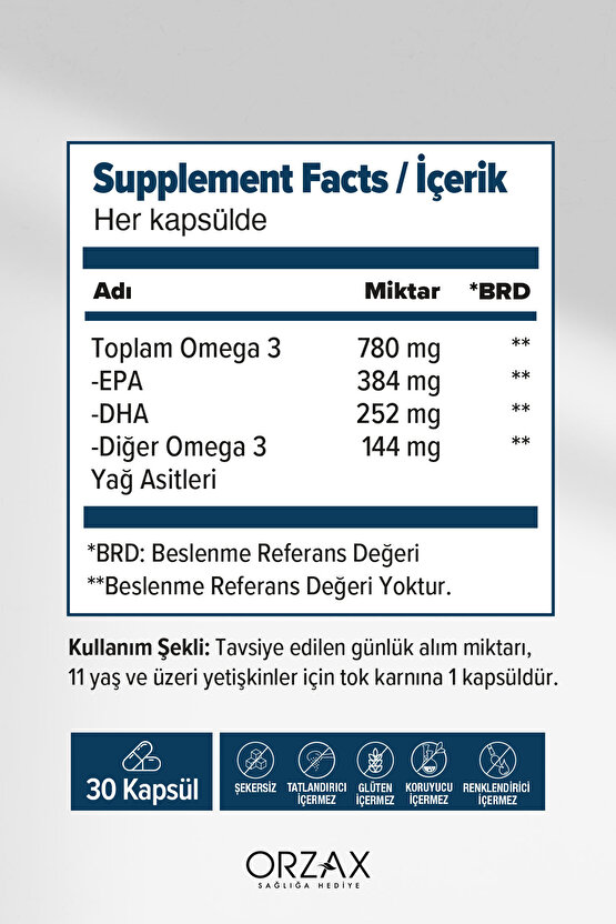 Orzax Plus 1200mg Omega 3 Saf Balık Yağı 30 Kapsül